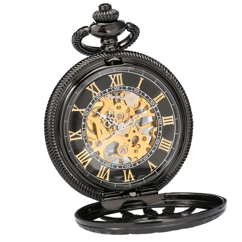 Antique Hollow Sun Flower Black Hand Winding Mechanical Watch Pocket Watches Roman Numerals Chain Pendant Clock Relgio de bolso