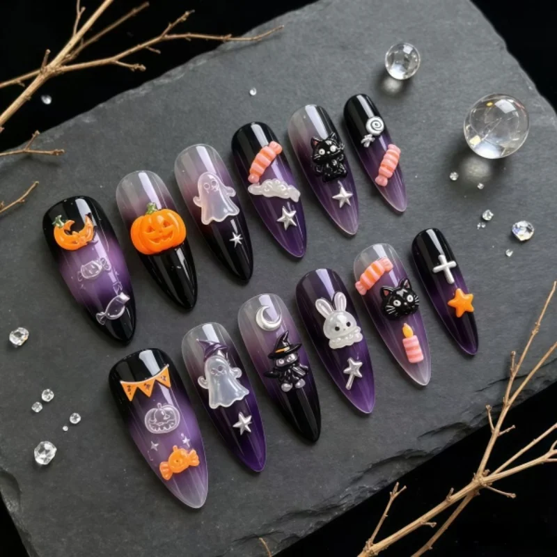 3D Niedliche Halloween-Geister-Kürbis-Kreuz-Präge-Silikonform für Nägel – Detail 2