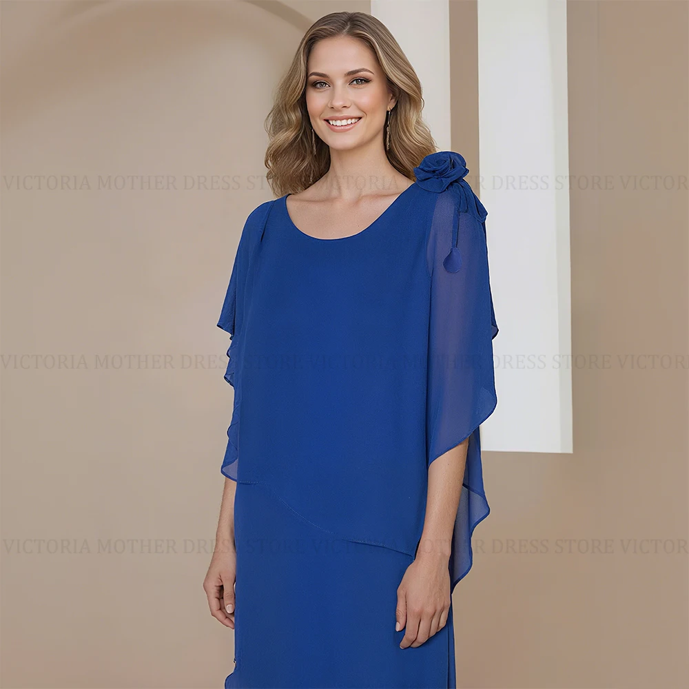 ชุดแม่เจ้าสาวแบบเรียบง่ายสั่งตัดจาก VICTORIA ประดับดอกไม้ 3 มิติ สีน้ำเงินรอยัล ผ้าชีฟองยาว ชุดไปงานแต่งงาน ชุดราตรีออกงาน