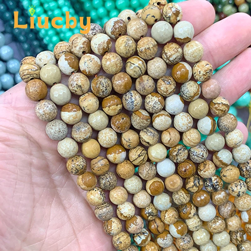 Natural Stone Faceted Picture stone Gem Yellow Beads For Jewelry Making DIY Accessories Charm Bracelet 15