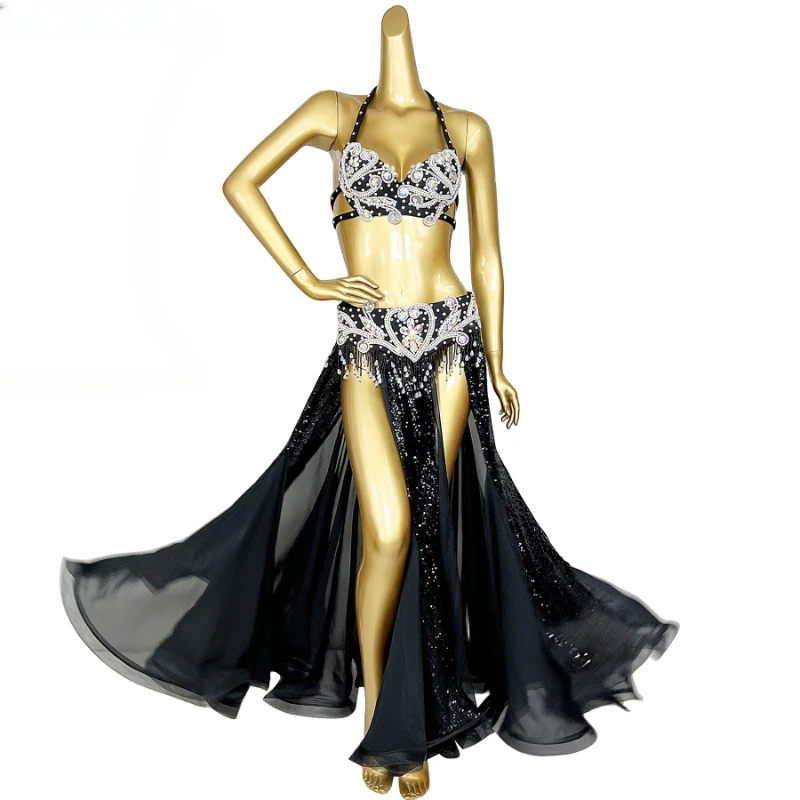 

Belly Dance Competition Costume Hand Made Beading Bra and Long Skirt Belt Three-piece Outfit Customiza Indian Oriental Dance Set