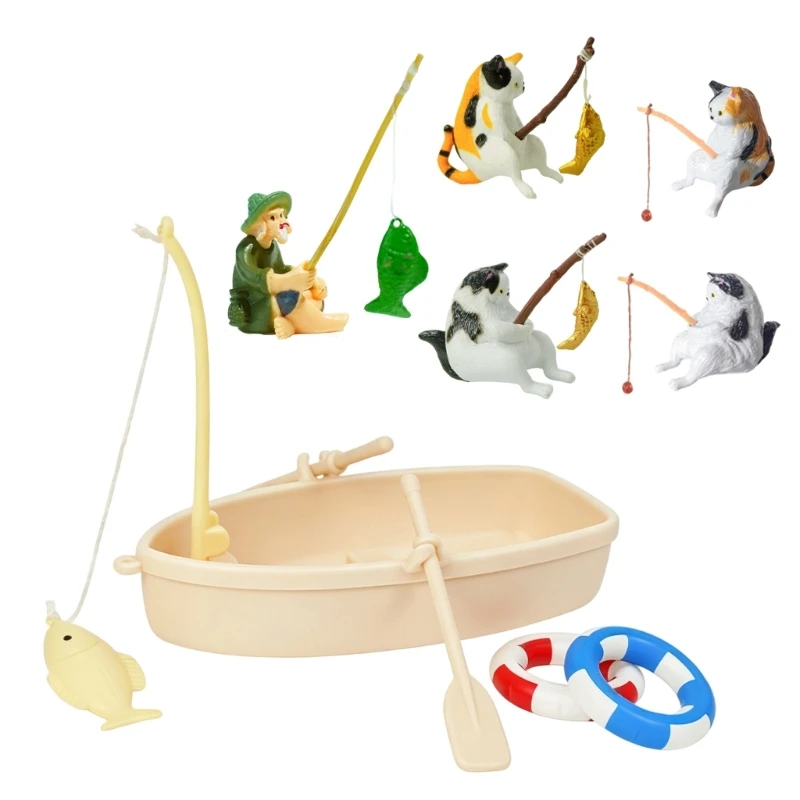 PVC Aquarium Fishing Boats Ornament, Mini Fishtank Scene Setting with Fisherman Cats Figurine for Aquarium Floating best sale