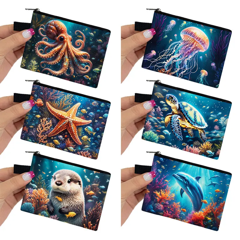 Sea Animal Otter Print Coin Bag Octopus Dolphin Jellyfish Turtle Seal Starfish Coin Purse Card Key Earphone Holder Zipper Pouch