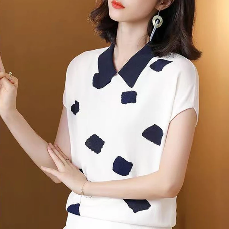 Women's Clothing Summer Fashion Contrast Color Patchwork Elegant Knitted T-shirts Simple Casual Short Sleeve Loose Pullover Tops