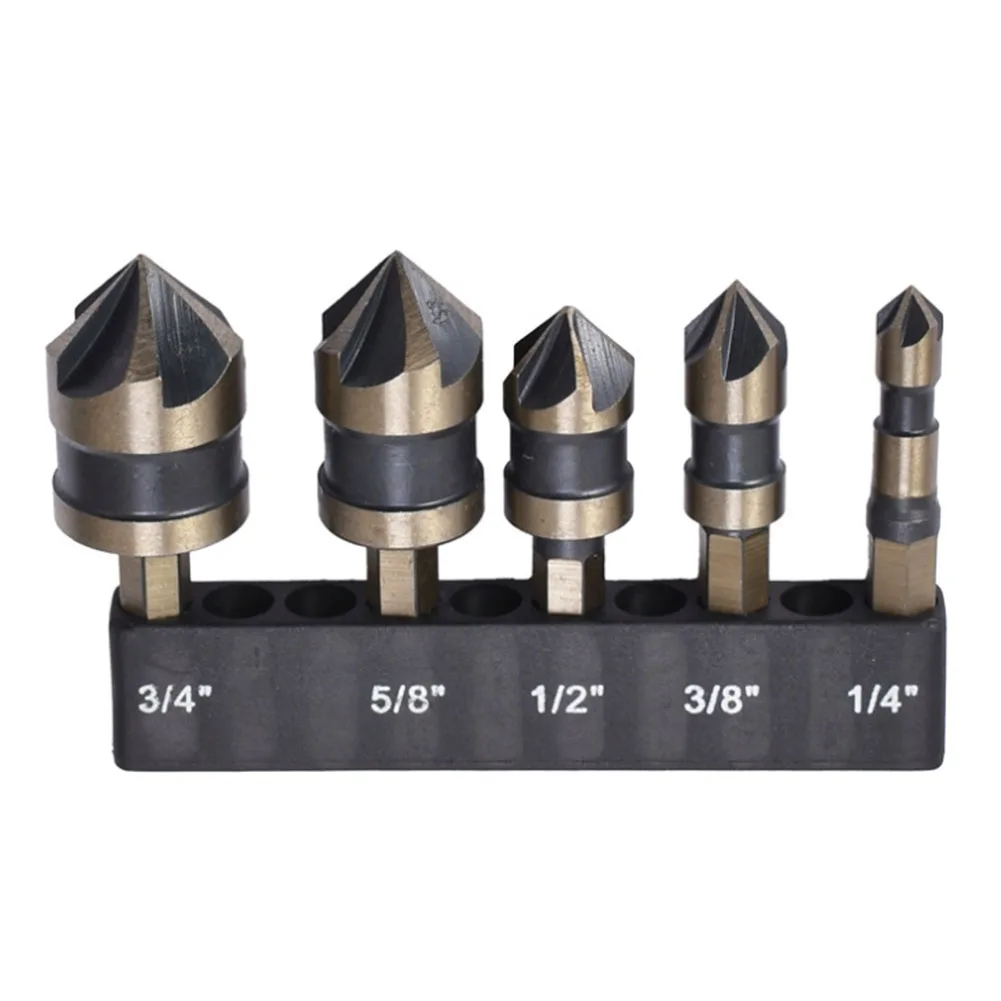 5pcs Countersink Drill Bit Set 5 Flute 82 Degree 1/4