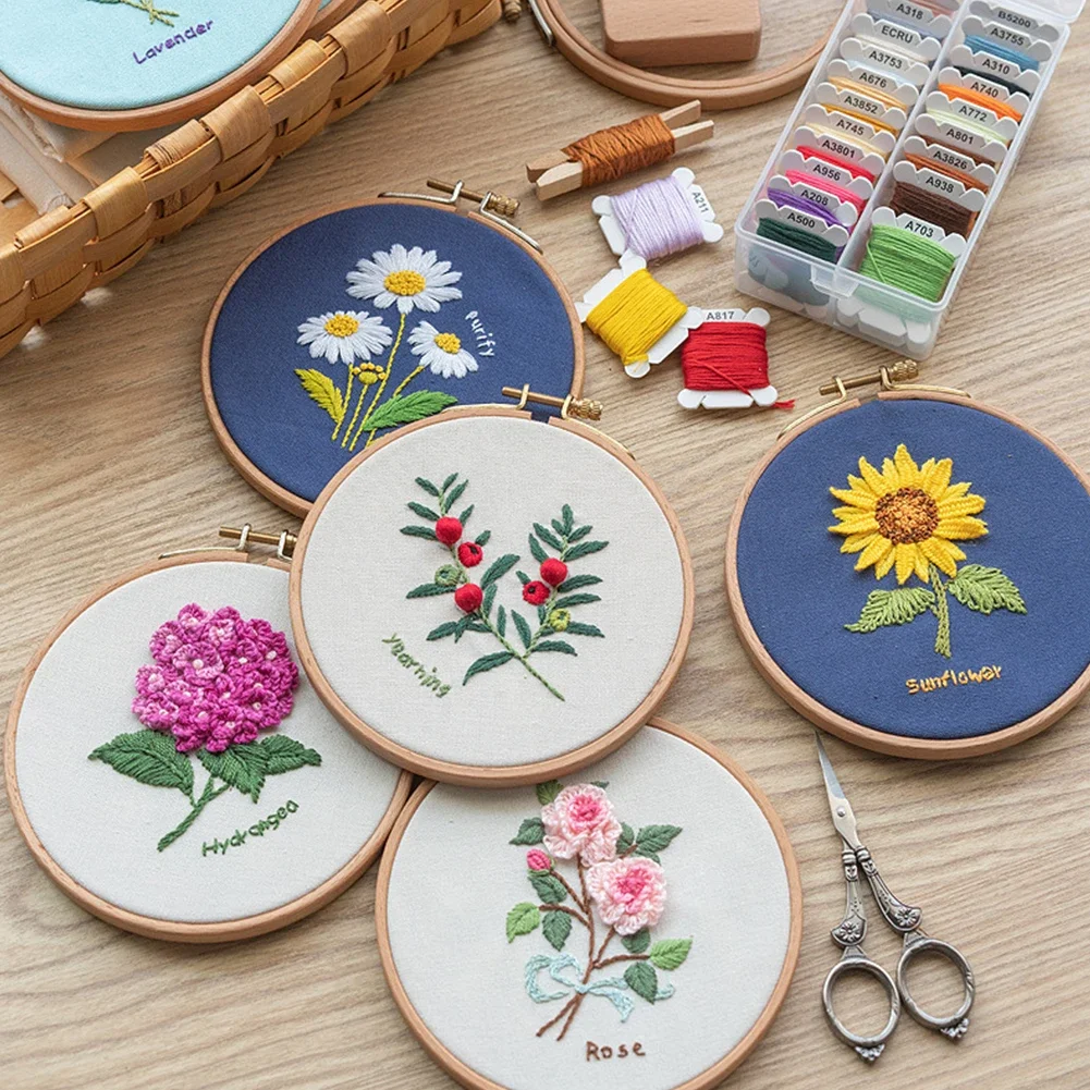 3D Flower Pattern Embroidery Set Needlework Tools Printed Beginner DIY Embroidery Round Cross Stitch Kit Sewing Craft Kit