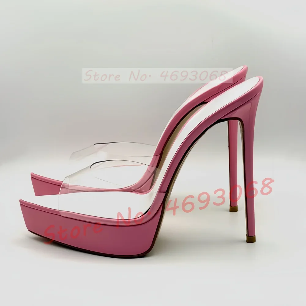 

Pointy Open Toe Platform Slippers Women Sexy Snake Print Clear Pvc Thin High Heel Shoes Ladies Luxury Casual Sweet Dress Slides