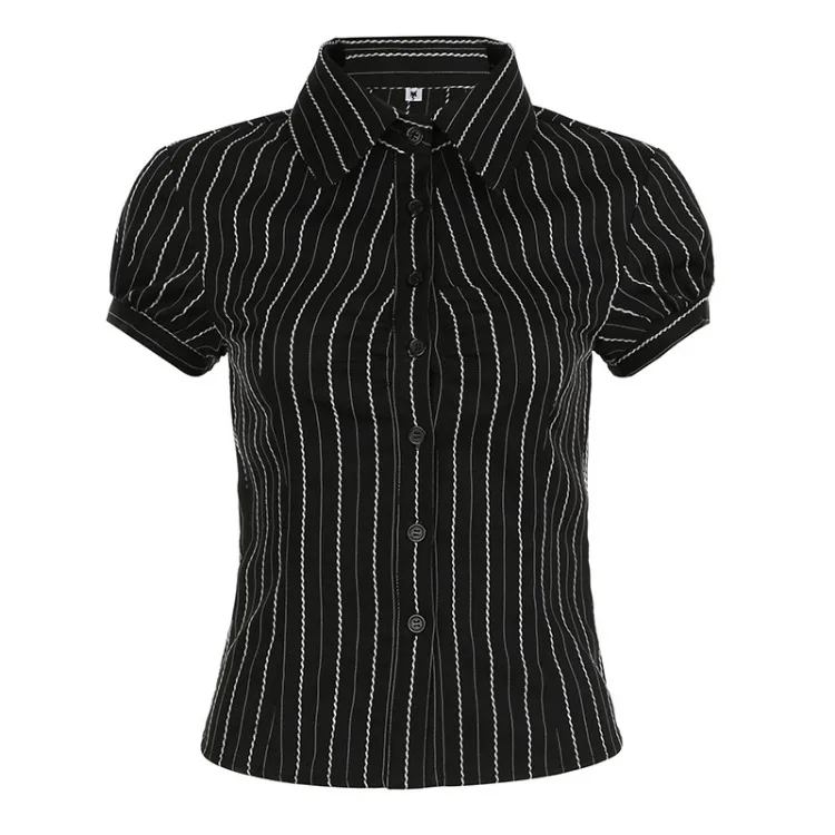 American Striped Print Single Breasted Blouses 2024 Sumemr New Lapel Neck Shirts Women Y2k Slim Fit Short Sleeve Blusas Mujer