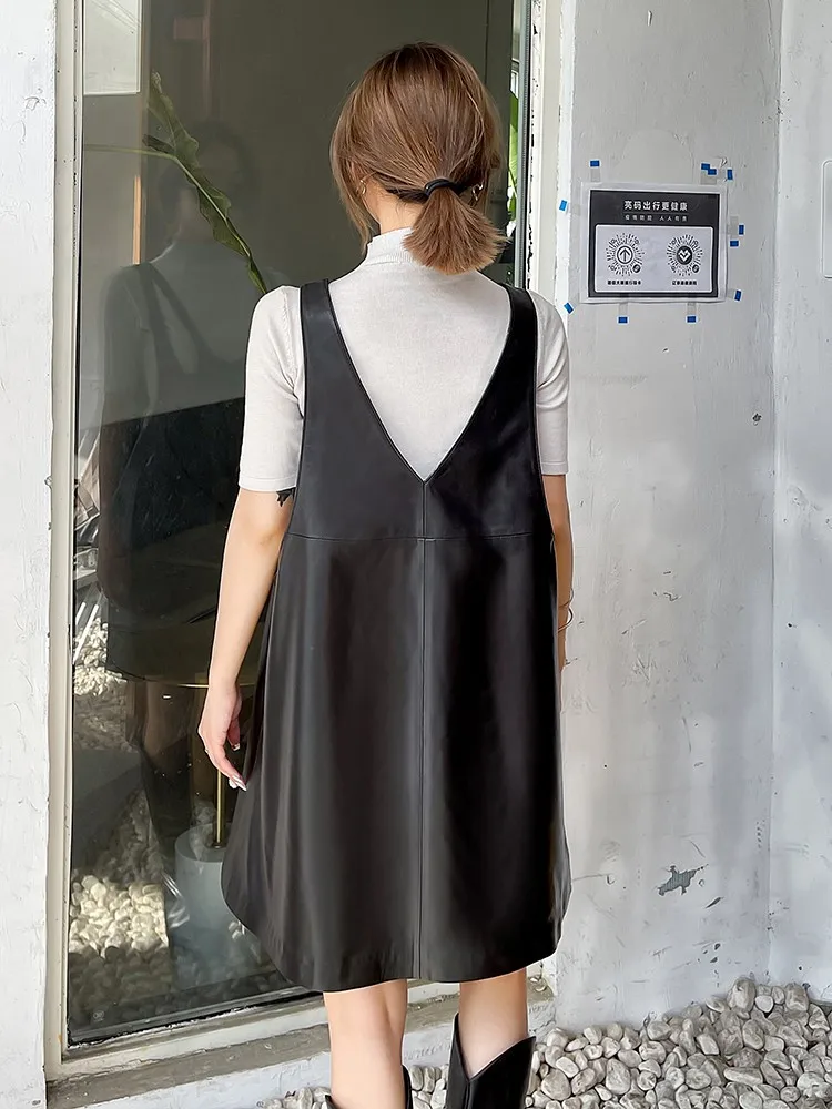 Robe en cuir véritable pour femmes, ajourée, en peau de mouton, taille haute, coupe ample, décontractée, débardeur, pull sans manches, robe courte trapèze