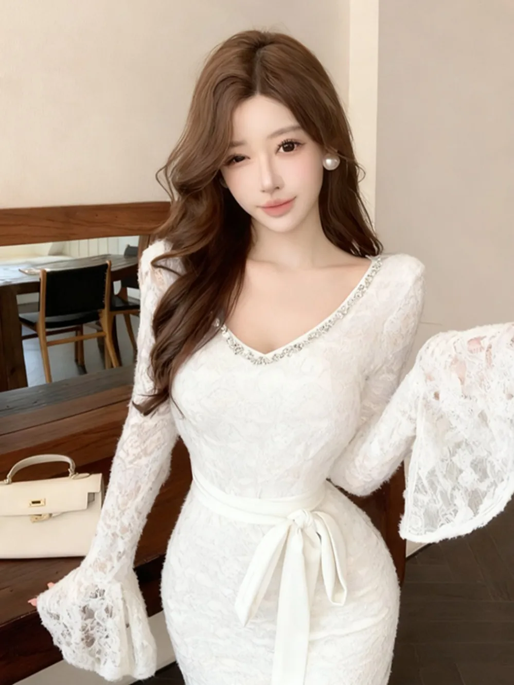 

Pure Desire Lace Splice Long Sve V-ne Puffy Sve Dr Сексуальная облегающая длинная юбка с высокой талией для похудения для женщин