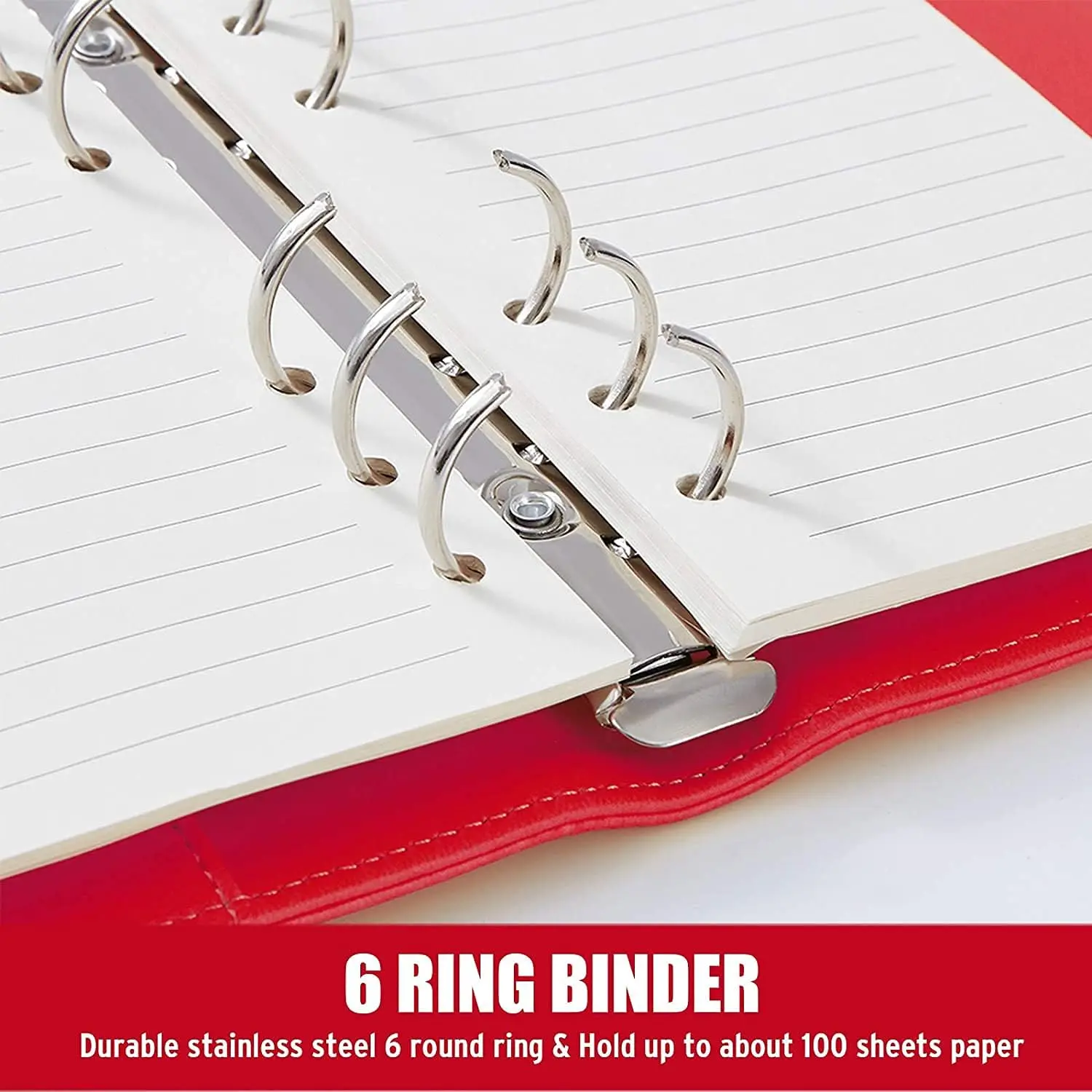 A6 PU Leather 6 Ring Refillable Planner Binder, Loose Leaf Personal Organizer Binder Cover with Magnetic Buckle Closure view 3