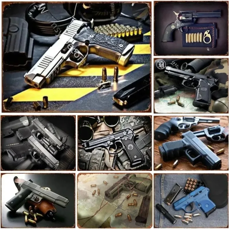 Pistol Metal Tin Signs Military Wall Decoration Plaque Vintage Art Poster Iron for Man Cave Home Cafe Garden Club Bar Painting