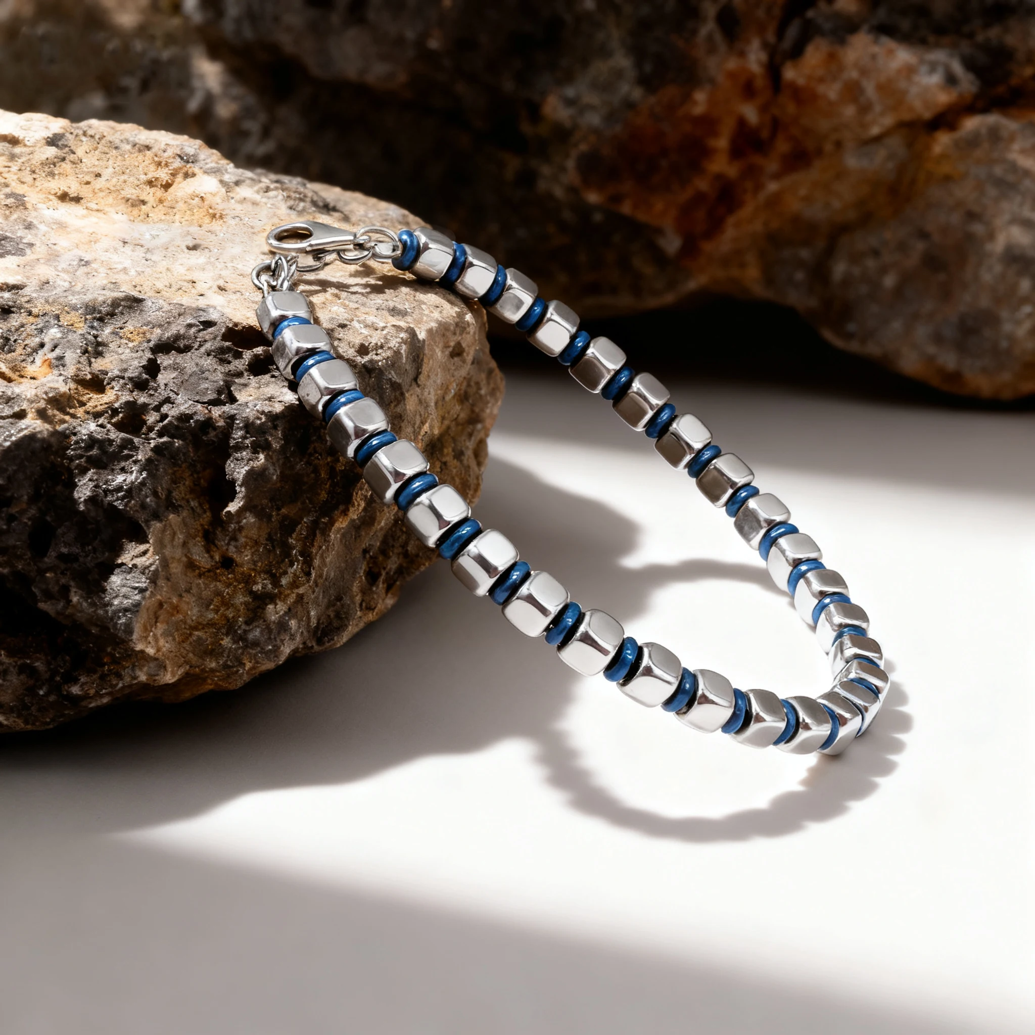 سوار روندا الرجالي المطرز من الفولاذ المقاوم للصدأ مع حلقة زرقاء قابلة للتعديل مقاس 22 سم مجوهرات مصنوعة يدويًا