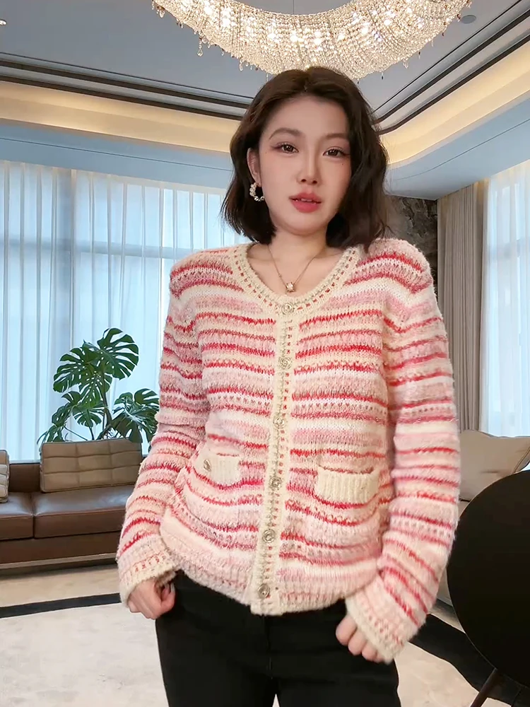 

Розовый ароматный вязаный шерстяной свитер средней длины 670G в полоску MEQA3099, удобный свободный крой, длинный круглый кардиган Sve