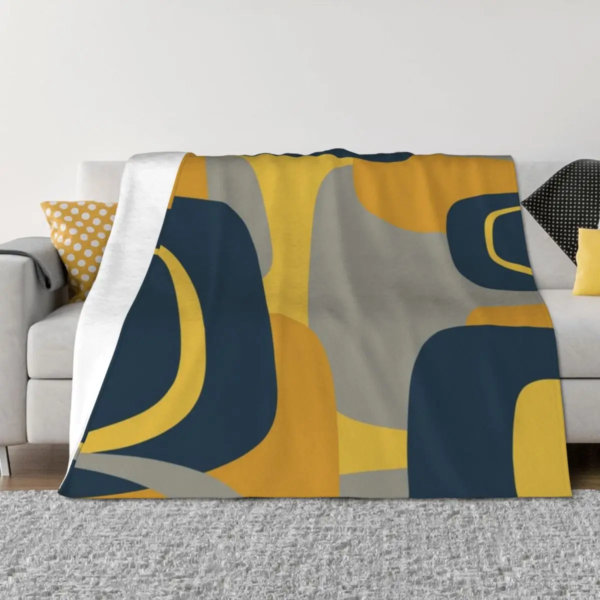 

Mid Century Modern Retro Abstract Pattern in Navy Blue, Mustard Yellow, and Gray Throw Blanket bed plaid Soft Plaid Blankets