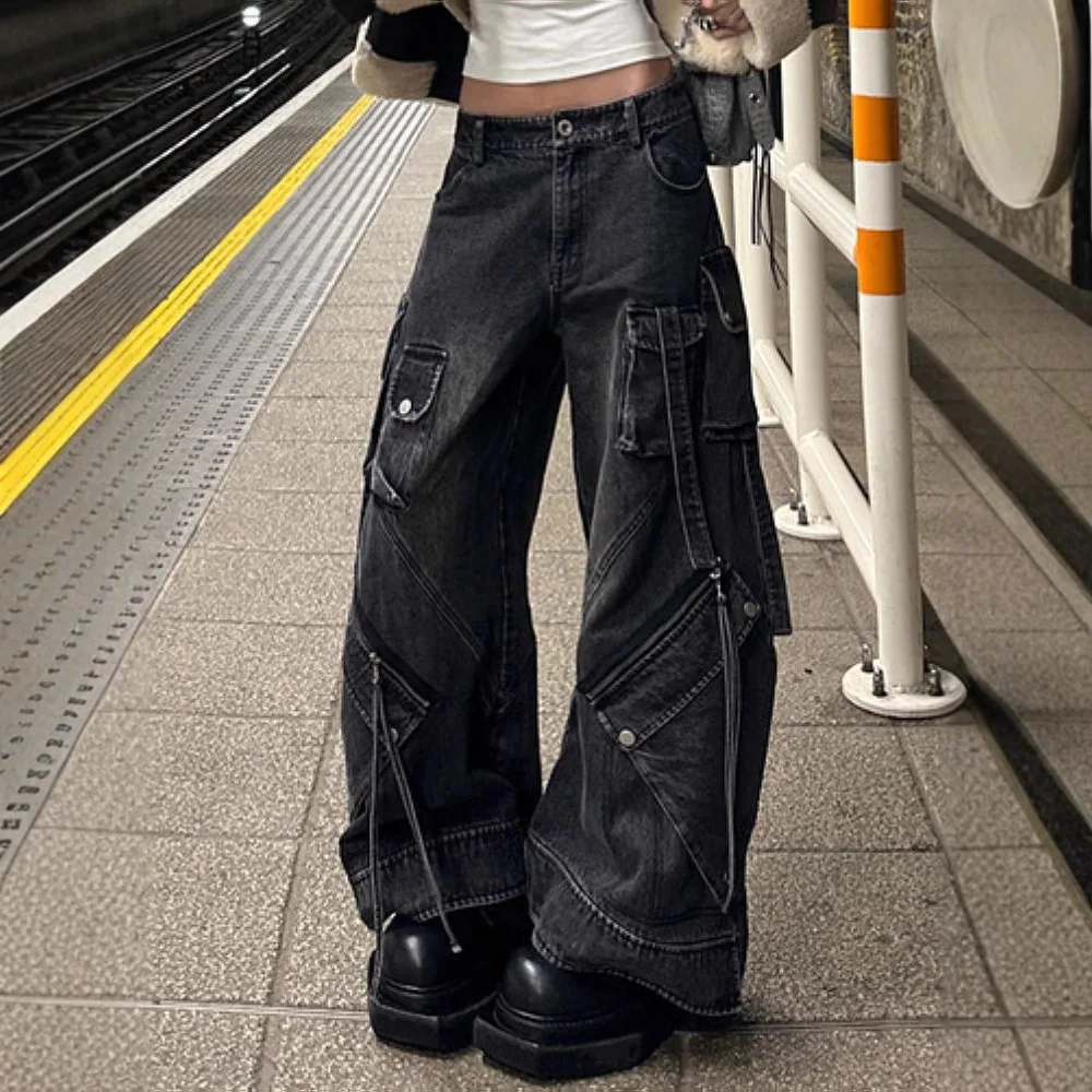 

Джинсы-карго в американском стиле ретро с несколькими карманами. Женские широкие джинсы Four Seasons Fashion Hot Girl в уличном стиле в стиле хип-хоп