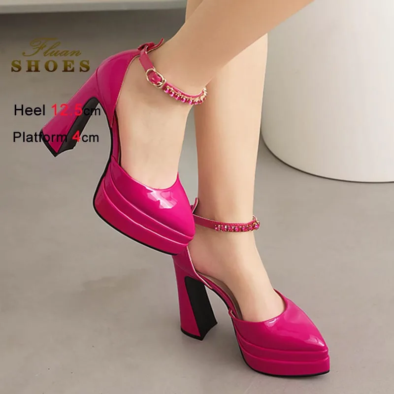 

Новые женские босоножки на супервысоком каблуке с толстой подошвой, со стразами и цепочками, для свадьбы, модные туфли для подиума, женские туфли-лодочки CD