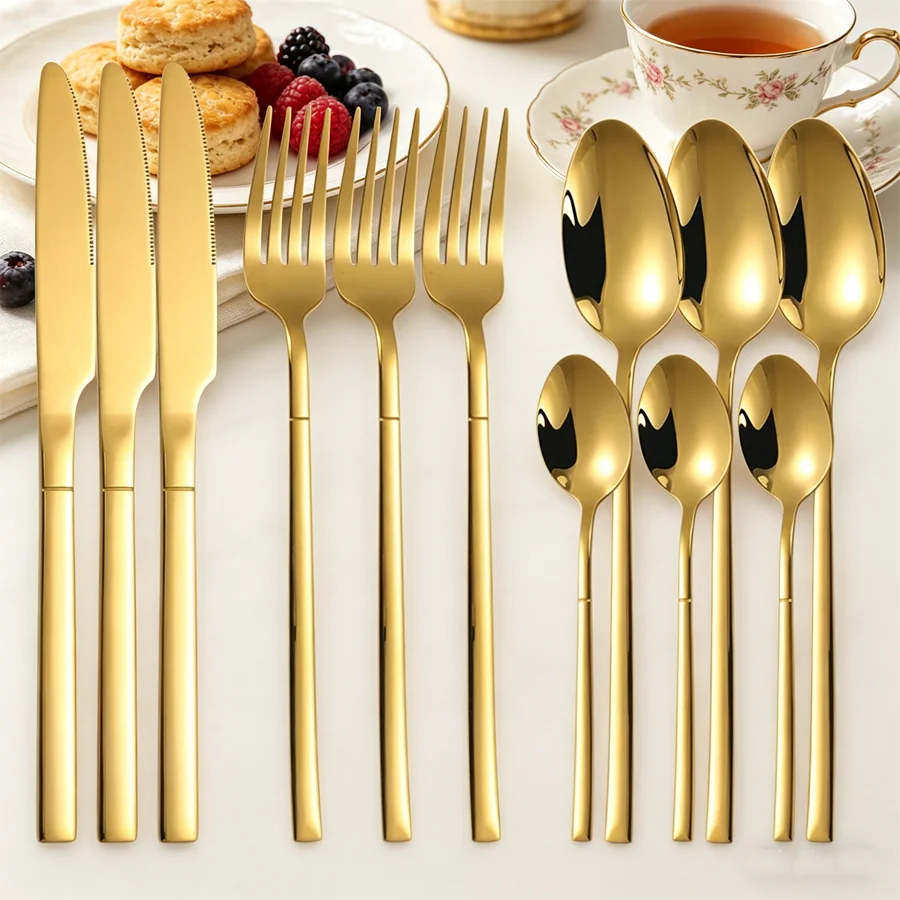 Juego de cubiertos exquisitos de acero inoxidable de 12 piezas, que incluye cuchillos, tenedores y cucharas de estilo occidental, hechos de metal duradero de acero inoxidable.