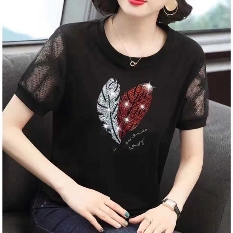 New Summer Women\'s Thin Splice Lace Crew Neck Short Sleeve Loose Plus Size Diamonds Pullovers Fashion Casual Commute Tops