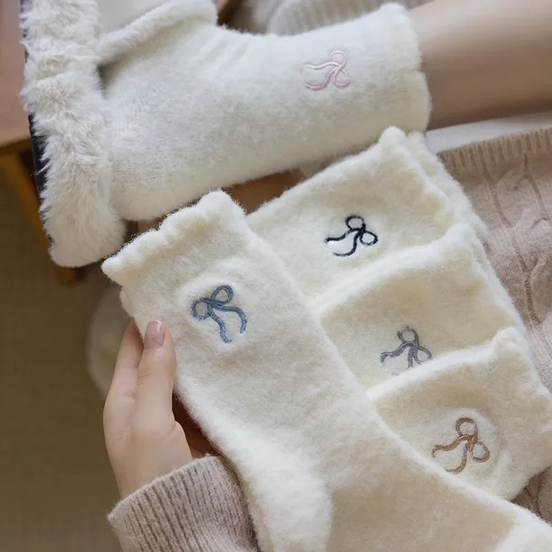 5 أزواج لطيف القوس المنك المخملية الجوارب المرجان للنساء الفتيات الخريف والشتاء مرونة رشاقته الحرارية النوم أفخم شعر الجوارب #1