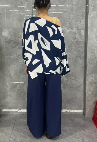 Women Spring/summer Two Piece 2024 Basic Versatile Set Long Sleeve Skew Neck Colorblock Batwing Sleeve Top & Wide Leg Pants Set