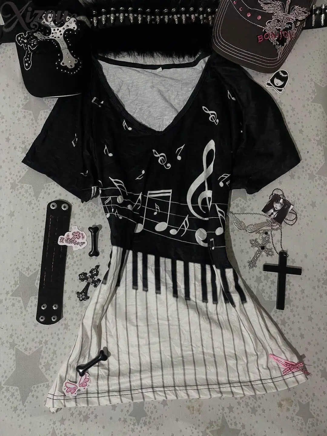 Women Black White Piano Key Music Note Print V-Neck Short Sleeve T-Shirt Vintage Retro Casual SpringSummer Top 2026 Shirt Slim