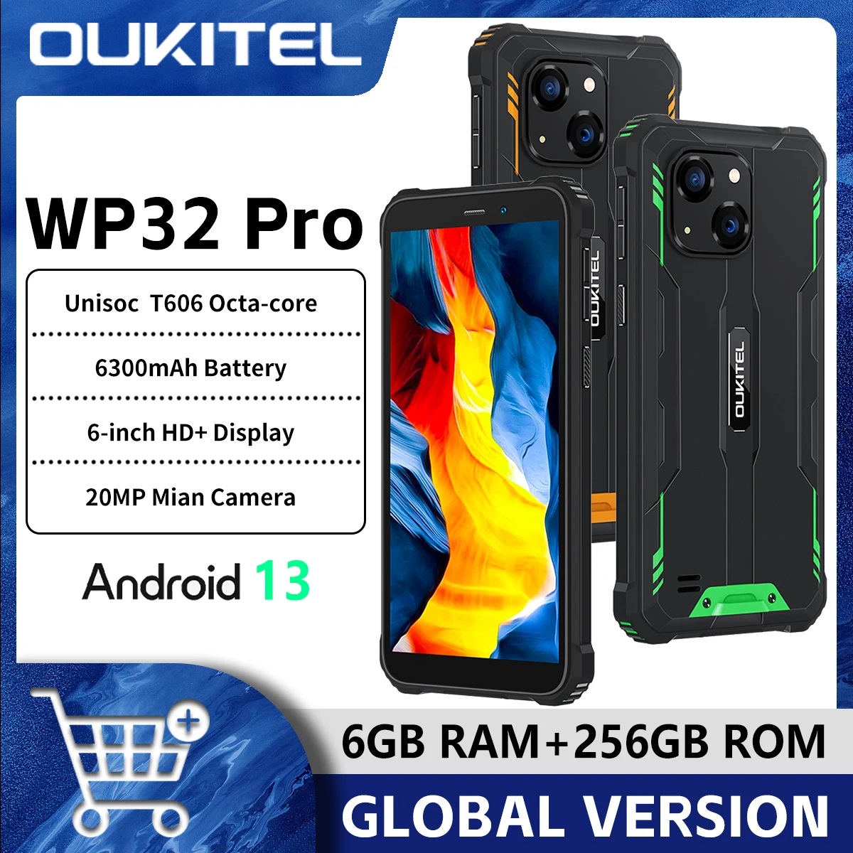 頑丈なスマートフォン,4G,Oukitel-WP32 Pro,Android 14,20MPカメラ,NFC, 6インチ,6GB 256GB, 6300mAh,unisoc t606,オクタコア