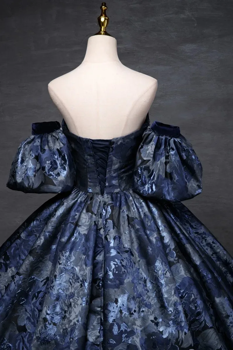 Vestido de quinceañera azul sin tirantes con mangas extraíbles para fiesta, vestido de baile de encaje de lujo con hombros descubiertos, talla grande, novedad de 2024