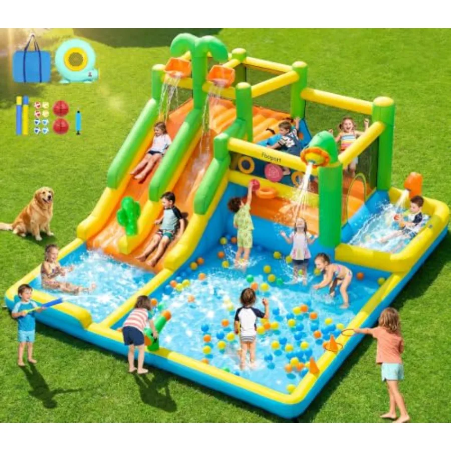 Backyard and indoor outdoor inflatable bounce house with double water slide for big kids, PVC material, blue and yellow, includ