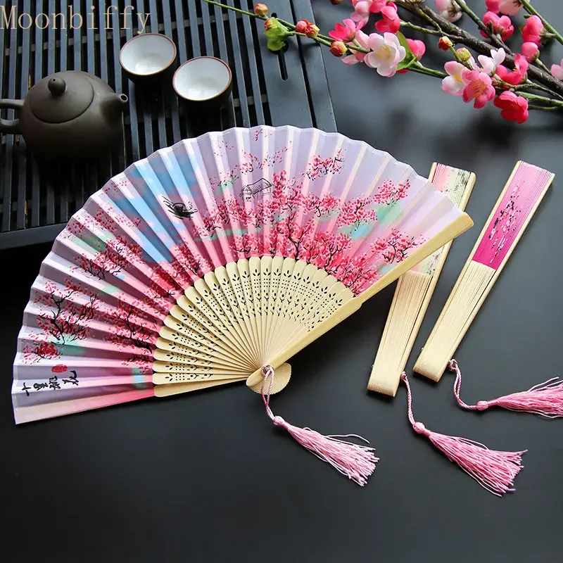 Chinese Folding Wooden Fan Silk Shank Japanese Classical Dance Fan High Quality Tassel Elegent Female Student Fan Home Decor