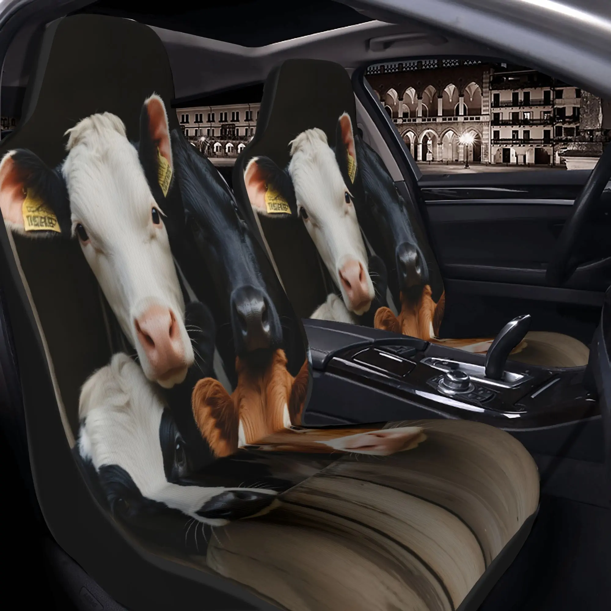 2 couvre-sièges de voiture mignons en forme de vaches regardant par-dessus une clôture en bois, différentes couleurs et expressions, adaptés à tous les véhicules, Noël
