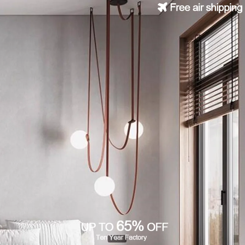 DIY Red and Black Line Fabric Belt with Clear Glass Ball Danish Modern Pendant Light LED Dimmable