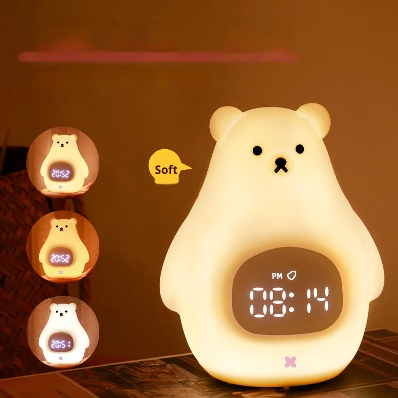 スマート目覚まし時計-usb-充電式白クマシリコンタッチコントロール-led-ナイトライトソフトシリコン寝室のベッドサイドテーブル用
