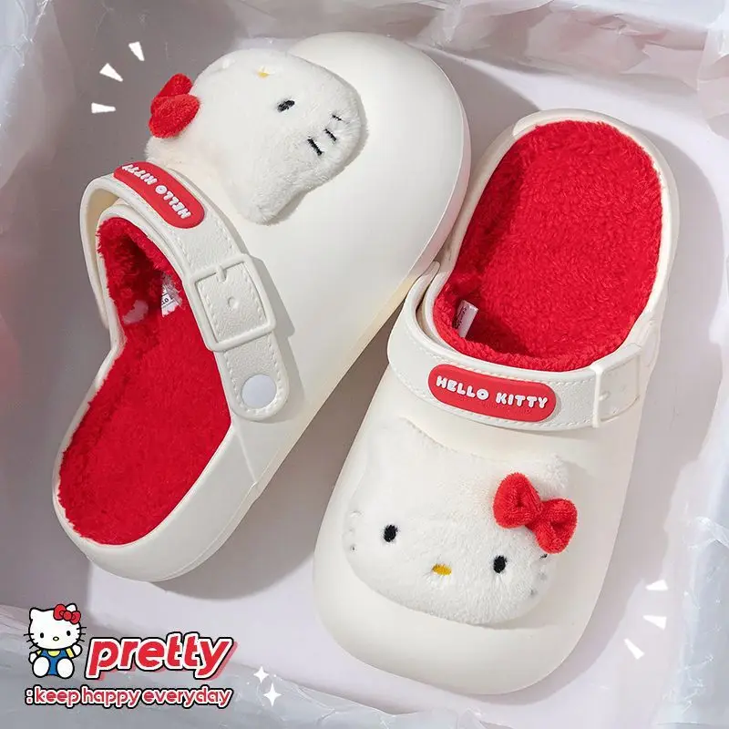 Kawaii Sanrio Hello Kitty Kuromi Women Slippers Cinnamoroll Cartoon Cute Waterproof Soft Fur Warm Indoor Home Shoes Flip Flops