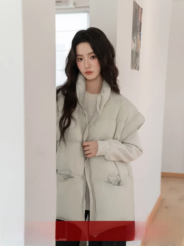 

MoZae Light ey Stand Collar Svel Faux down Vest Women's Loose Outerwear Zipper Jaet Commute Sle Autumn Winter New...