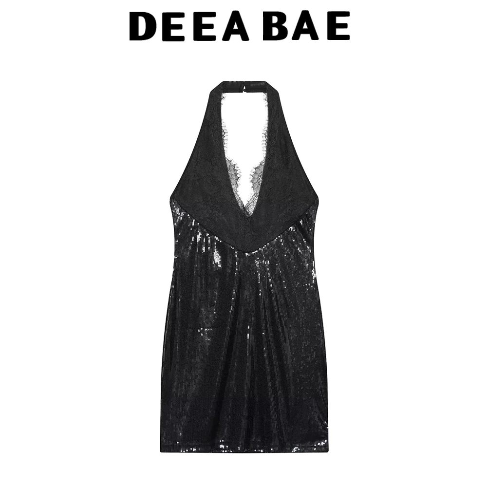 เดียบาเอ ชุดเดรสสั้นคอวีประดับลูกปัดและผ้าลูกไม้สไตล์เซ็กซี่สำหรับผู้หญิง คอลเลคชั่นฤดูหนาว