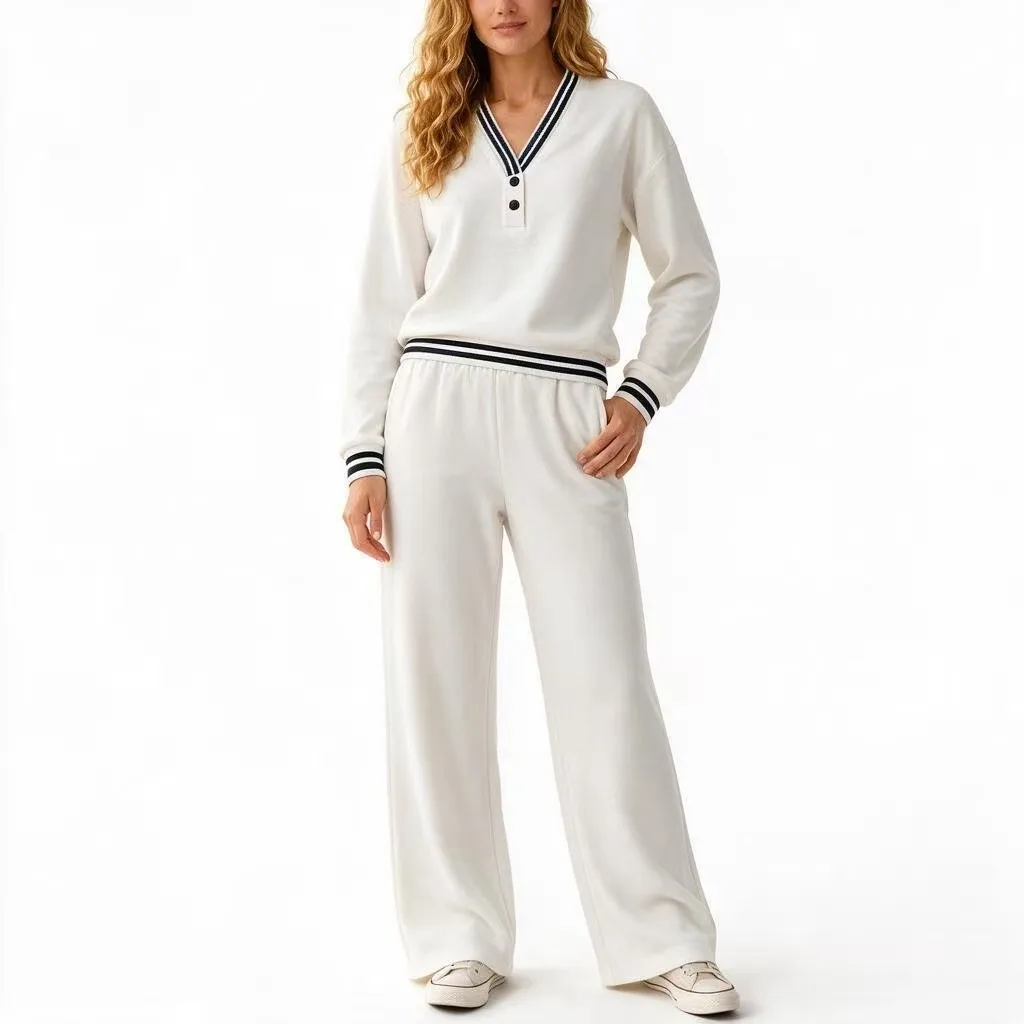 2026 Amazon Cross-Border Damen Herbst/Winter V-Ausschnitt Gestreifter Pullover und Weite Freizeit-Hose für Beine und Oberkörper – Detail 9