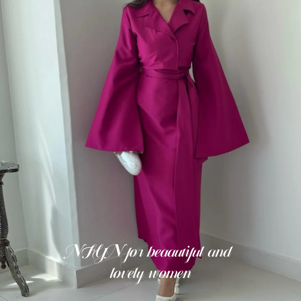 

NFYN Fuchsia Elegant Formal Gown V-Neck Long Sleeves Prom Dress Satin Ankle-Length Mermaid Evening Dresses for Woman Customized