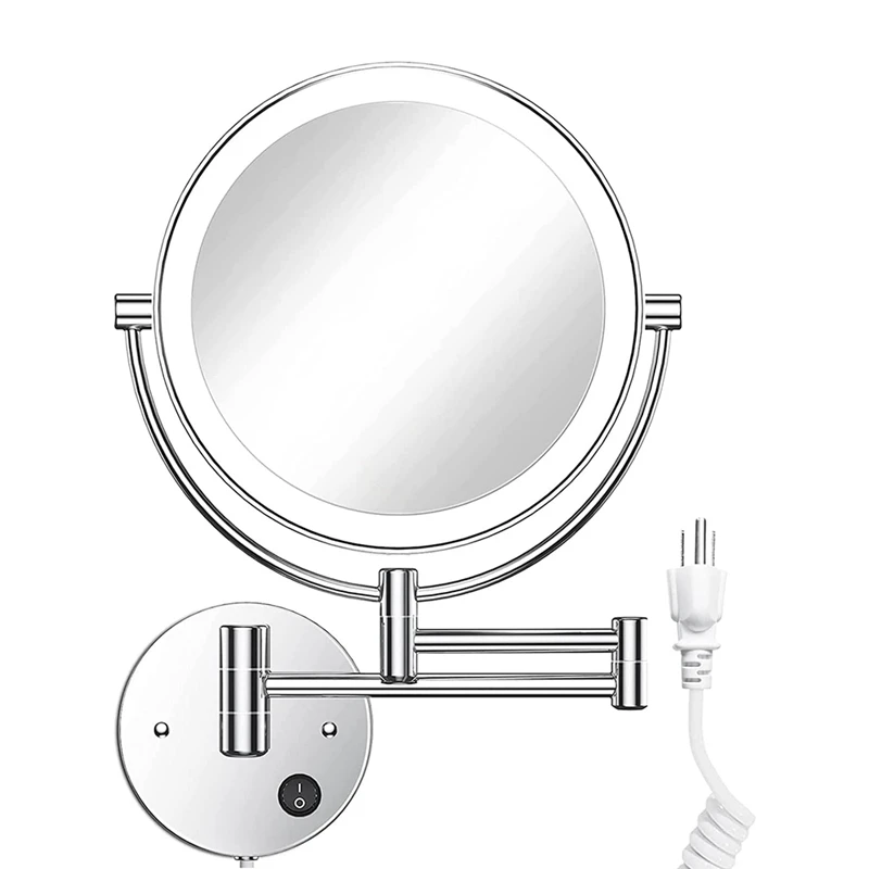 Miroir Mural LED Rond Double Face Grossissant 1X/10X avec Bouton Lumineux, Prise US Chromée, 360