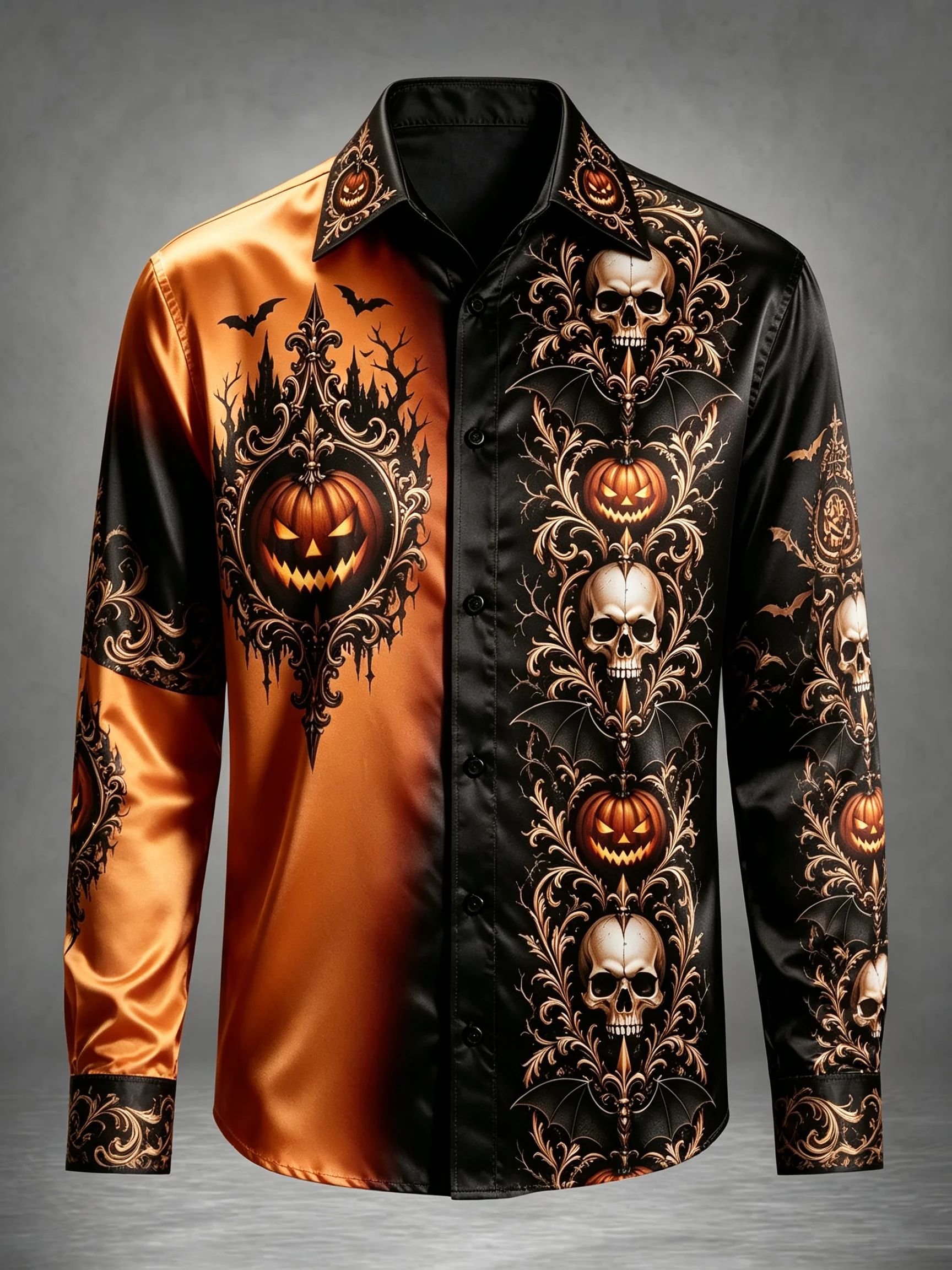 Men Satin Long Sleeve Shirt Halloween Skull Pumpkin Bat Vintage Print Shirt