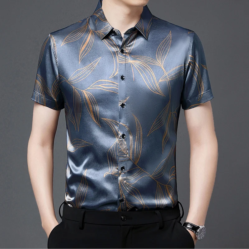 Summer 2022 Men\'s Silk Clothing Fashion Printing Short Sleeve Smooth Satin Shirts Male Floral Print Soft Silk Dress Shirt