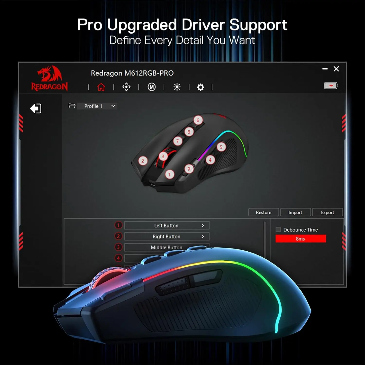 Redragon M612 PRO BT & 2.4RGB Gaming Mouse, 8000 DPI Wired/Wireless Optical Gamer Mice 11 Programmable Buttons & 6 Backlit Modes