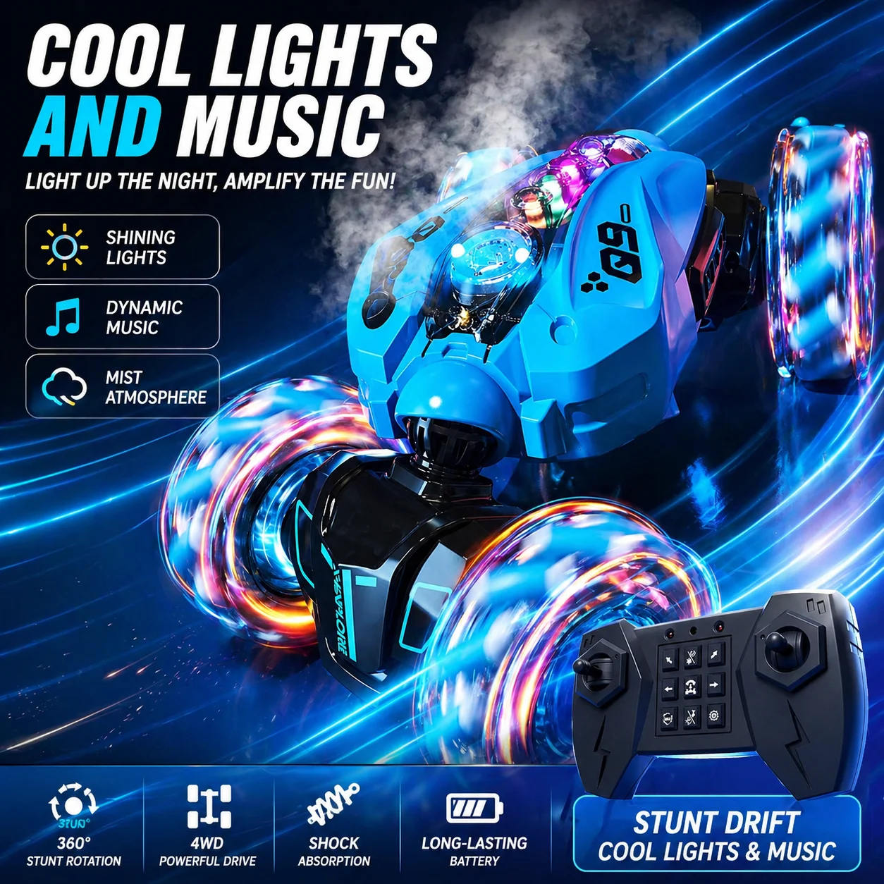 

Cool Stunt Deformation RC Car with Spray, 360° Rotation, Music & Light, High-Speed 4WD Off-Road Racing Car, Kids Toy Vehicle,