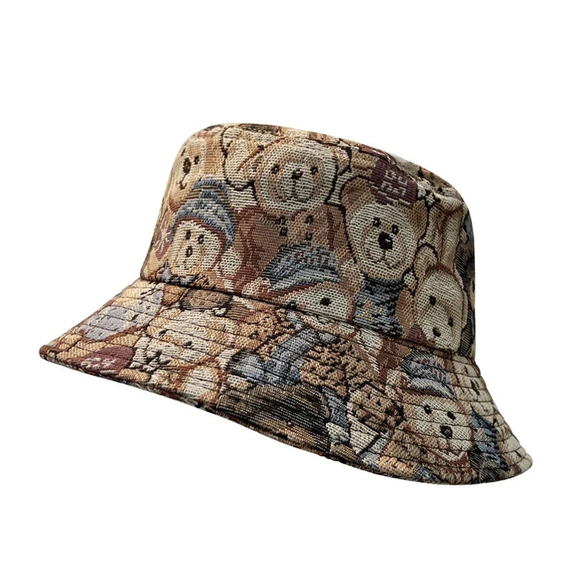 Cute Bear Print Bucket Hat Summer Outdoor Sports Travel Beach Fishing Sun Hat Unisex Adjustable Bucket Cap