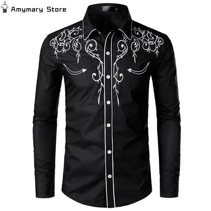 New Men\'s Retro Embroidered Shirt Western Cowboy Long Sleeve Slim Shirt Fashion Casual Button Stand Collar Party Business Shirt