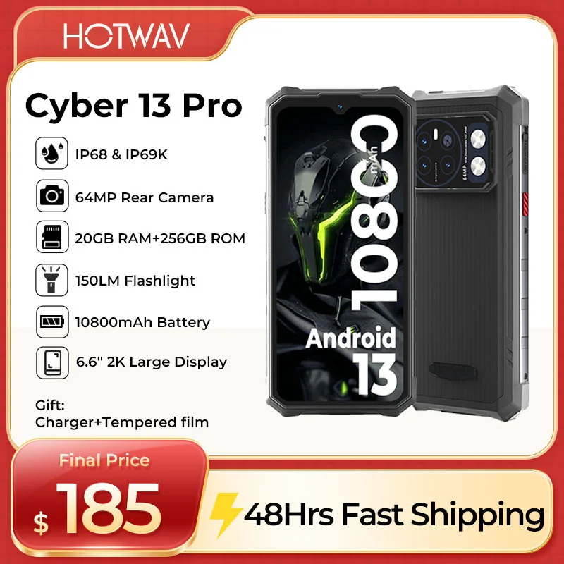 HOTWAV Cyber 13 Pro Rugged Smartphones Android 13 20GB+256GB Mobile Phone 150LM Flashlight 10800mAh 16MP+64MP Camera Cellphones