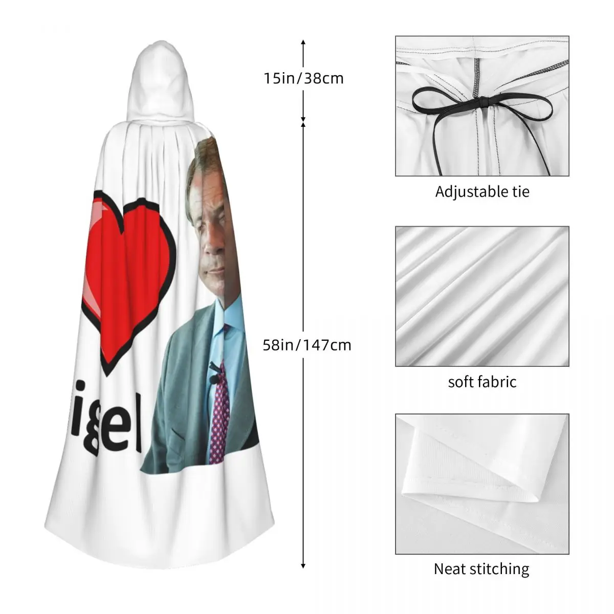 Fantastic I Love Nigel Farage Design Long Hooded Cloak Witch Medieval Costume Cosplay Cape HalloweenCoat Adult Unisex - view 4