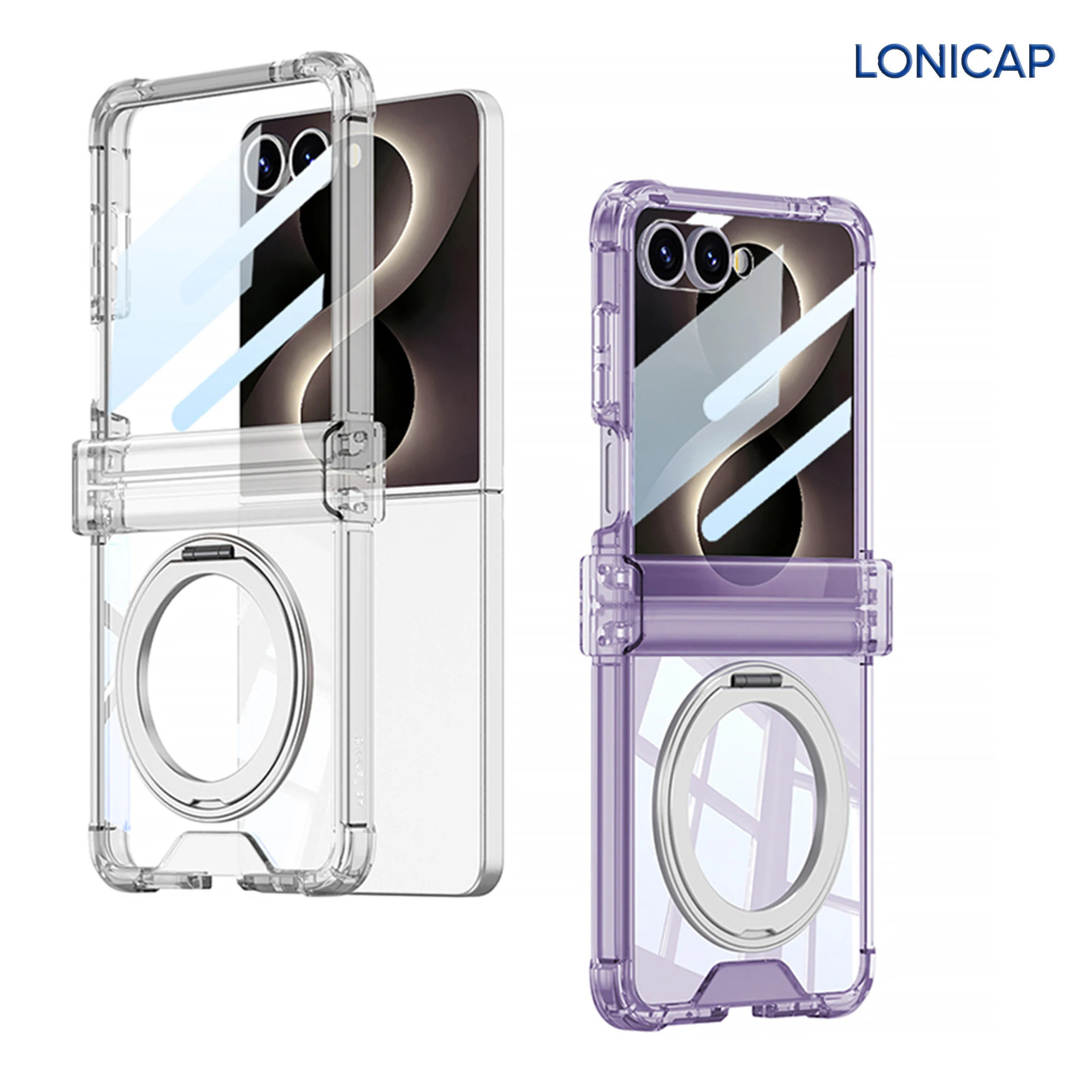 Phone Case For Samsung Galaxy Z Flip 8/7 Clear Airbag Hinge Cover Magnetic Ring Stand Built-in Screen Film Luxury Shockproof Pro