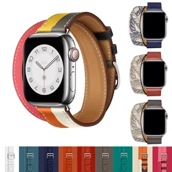 Luxury Real Leather Double Loop Bracelet Belt For Apple Watch Band 41mm 44mm 45mm 49mm 40mm iWatch Strap Series 8 7 6 5 SE Ultra