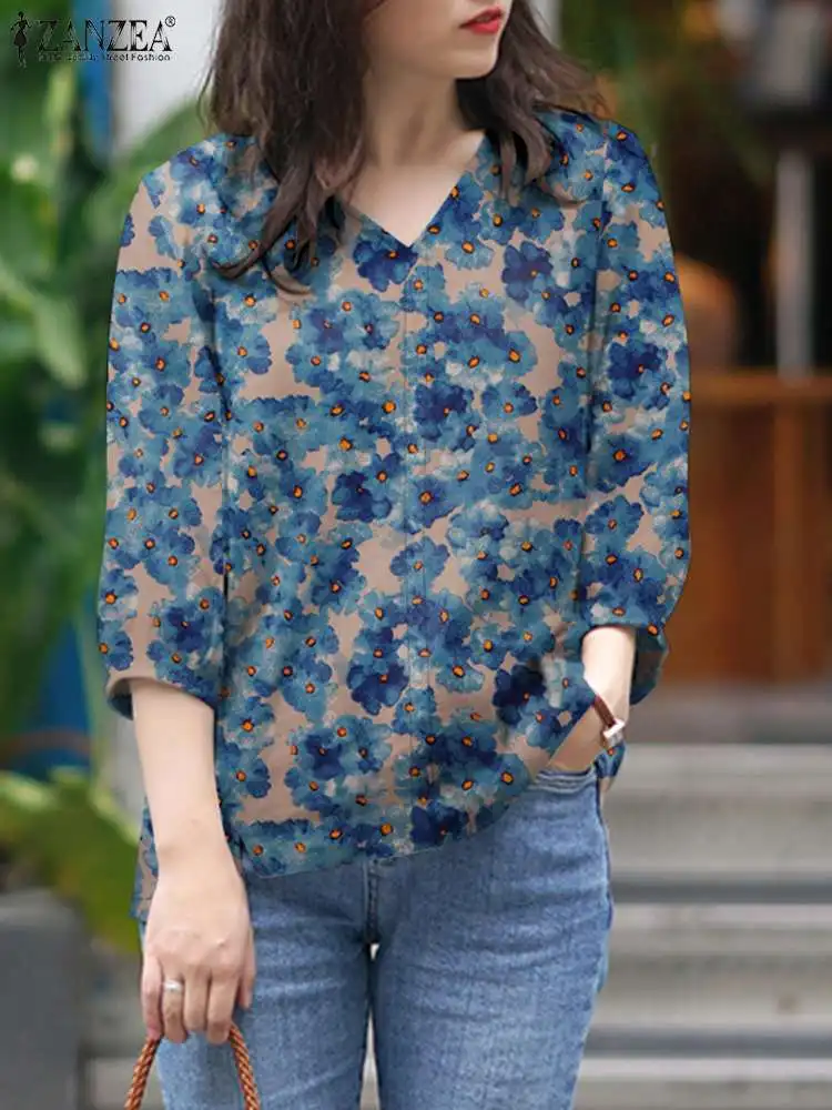 ZANZEA Women Bohemian Floral Printed Blouse Spring V Neck 3/4 Sleeve Shirt Vintage Party Holiday Blusas Casual Loose Tunic Tops
